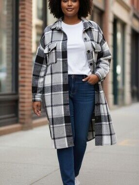 Women's Black & Gray Plaid Button-Front Shacket